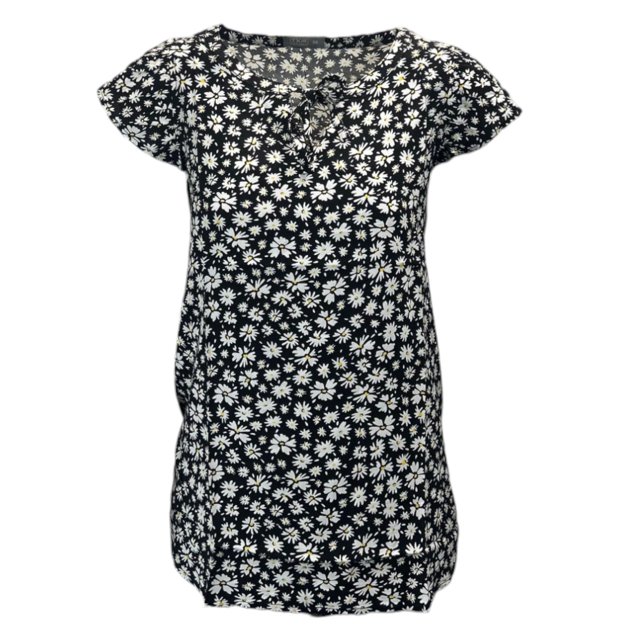 Women's black floral print top with keyhole neckline and cap sleeves – lightweight summer top